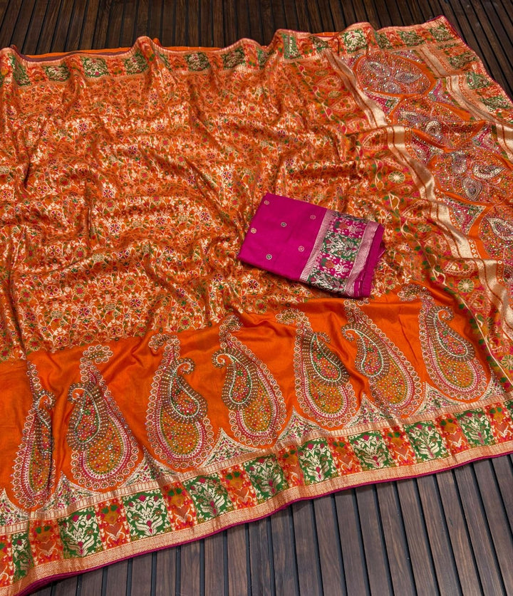 Royal Pure Pashmina Silk Kashmiri Weaving Saree - ORANGE