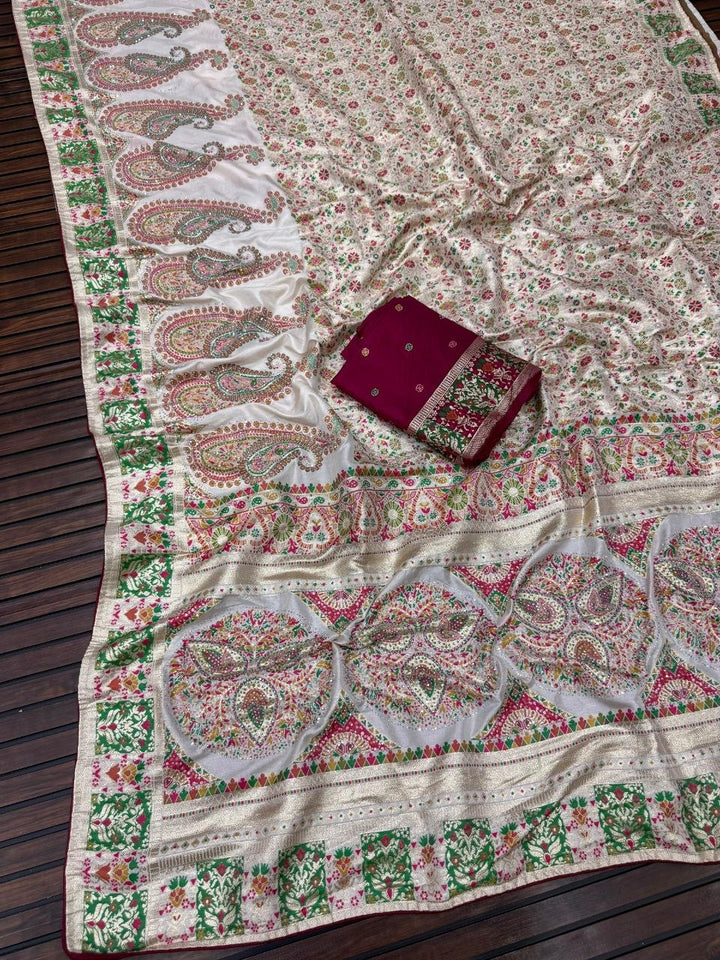 Royal Pure Pashmina Silk Kashmiri Weaving Saree - WHITE