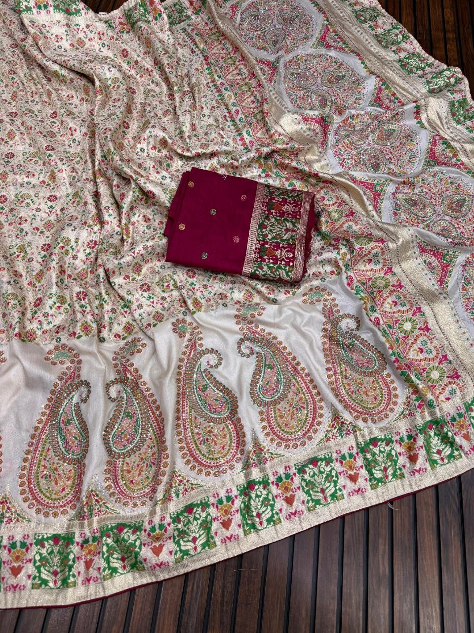 Royal Pure Pashmina Silk Kashmiri Weaving Saree - WHITE