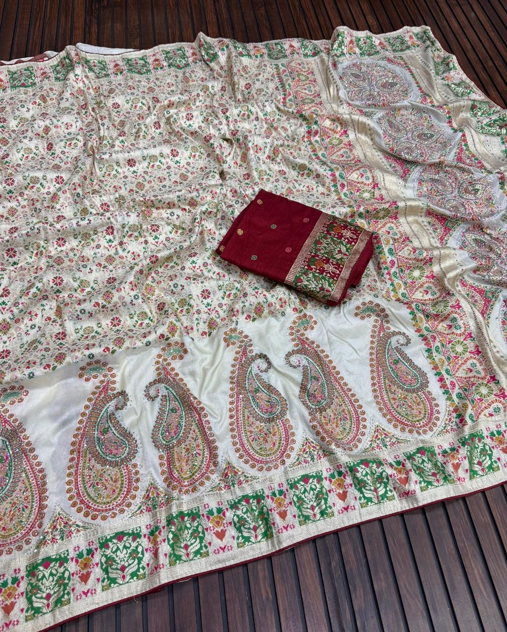 Royal Pure Pashmina Silk Kashmiri Weaving Saree - WHITE