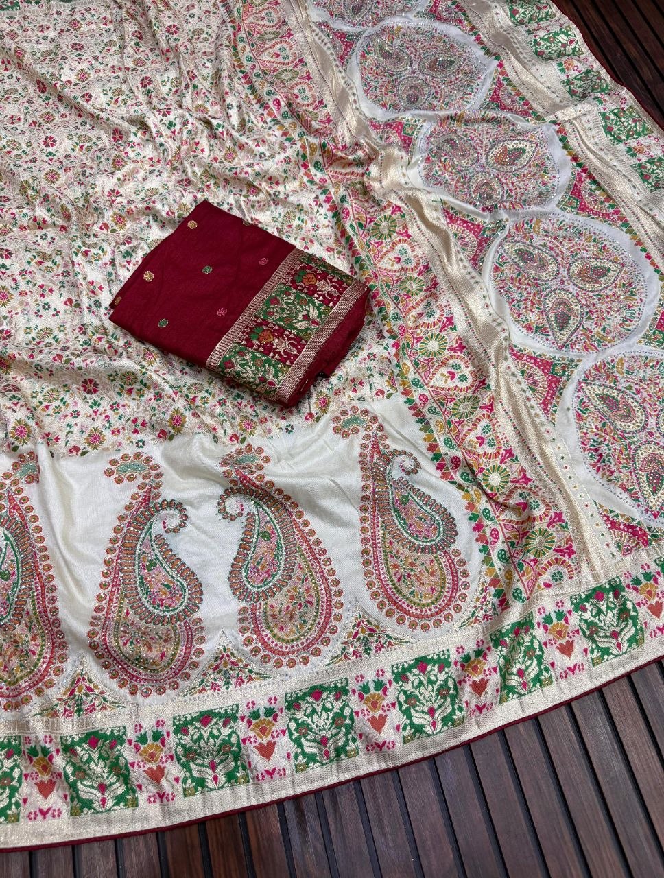 Royal Pure Pashmina Silk Kashmiri Weaving Saree - WHITE