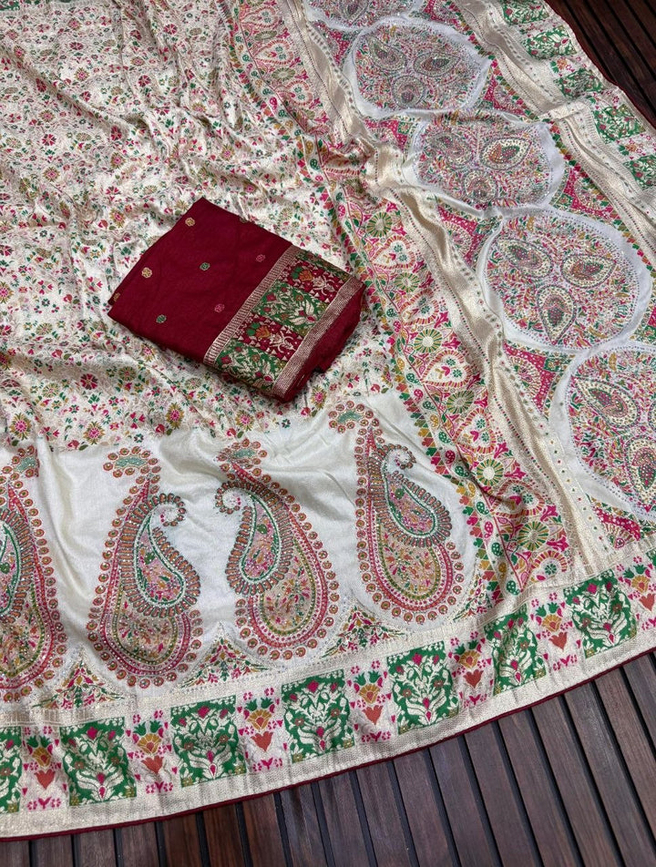 Royal Pure Pashmina Silk Kashmiri Weaving Saree - WHITE