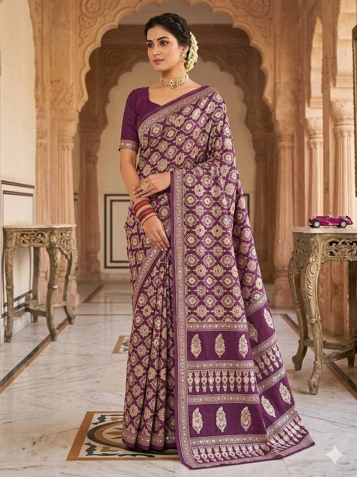 Royal Wine Banarasi Style Woven Saree with Traditional Motifs