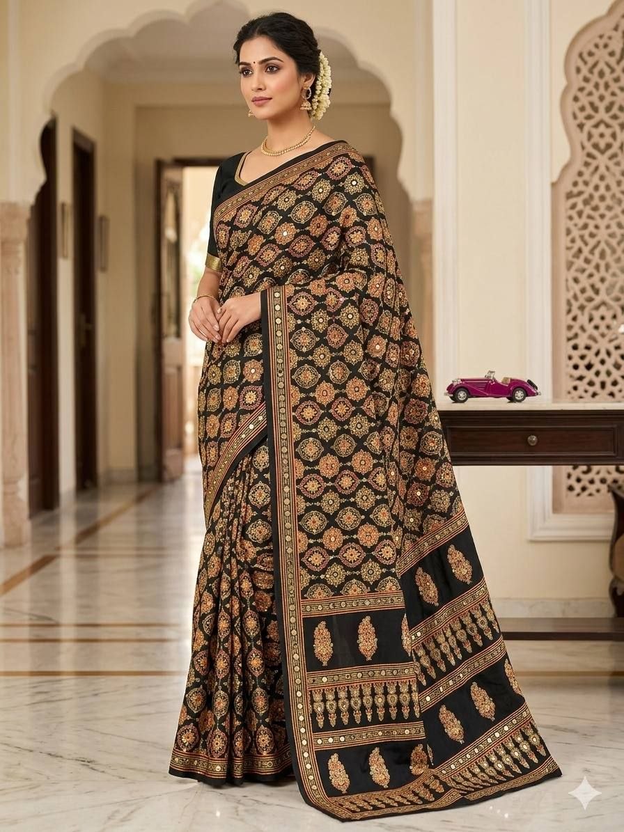 Royal Black Banarasi Style Woven Saree with Traditional Motifs