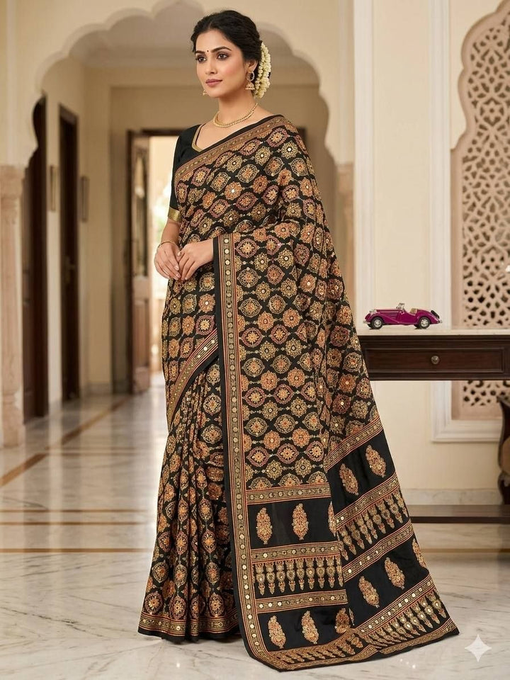 Royal Black Banarasi Style Woven Saree with Traditional Motifs