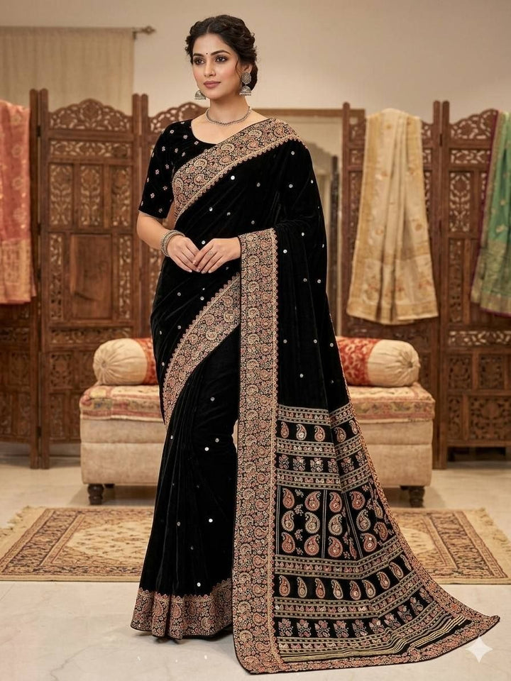 Elegant Black Velvet Embroidered Saree with Designer Border