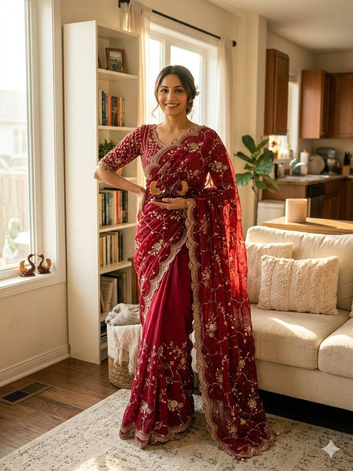 Elegant Sequins Embroidered Frendy Chiffon Saree with Mono Banglori Blouse – MAROON