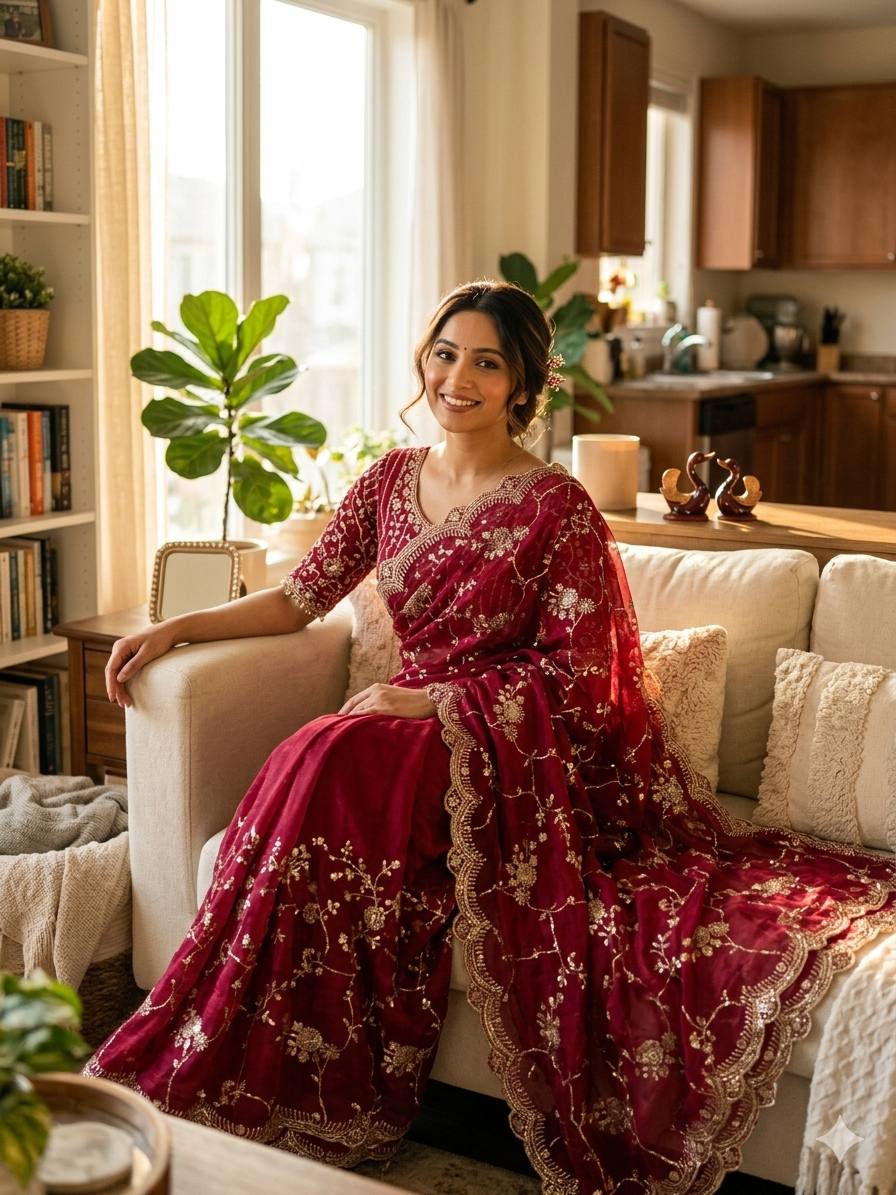 Elegant Sequins Embroidered Frendy Chiffon Saree with Mono Banglori Blouse – MAROON