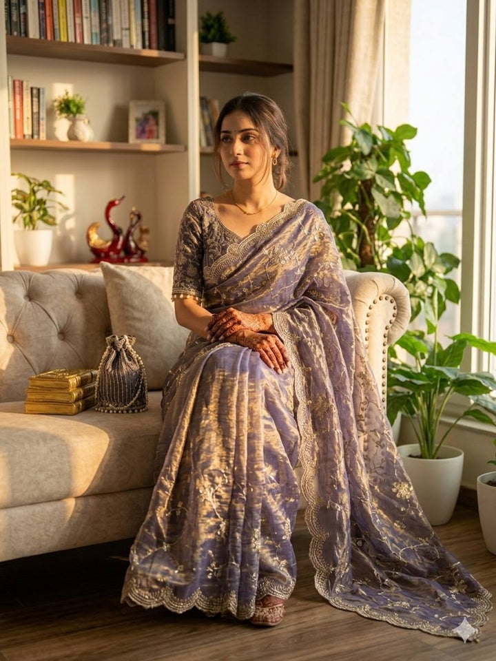 Elegant Sequins Embroidered Frendy Chiffon Saree with Mono Banglori Blouse – LIGHT PURPLE