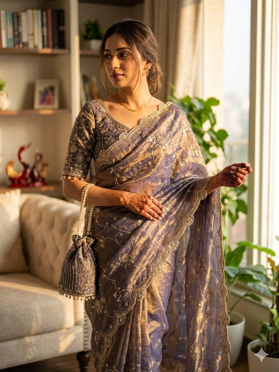 Elegant Sequins Embroidered Frendy Chiffon Saree with Mono Banglori Blouse – LIGHT PURPLE
