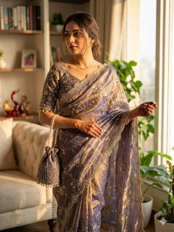 Elegant Sequins Embroidered Frendy Chiffon Saree with Mono Banglori Blouse – LIGHT PURPLE
