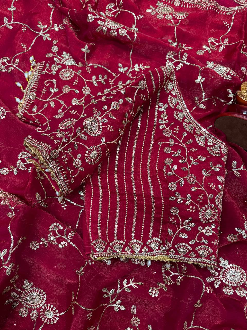 Elegant Sequins Embroidered Frendy Chiffon Saree with Mono Banglori Blouse – MAROON