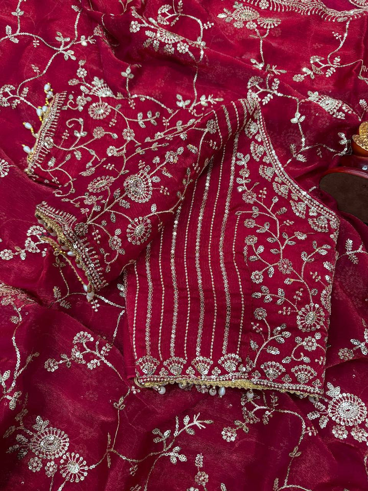 Elegant Sequins Embroidered Frendy Chiffon Saree with Mono Banglori Blouse – MAROON