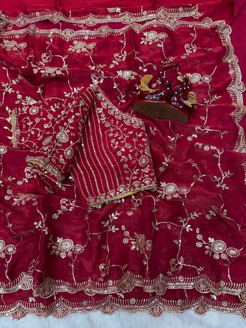 Elegant Sequins Embroidered Frendy Chiffon Saree with Mono Banglori Blouse – MAROON