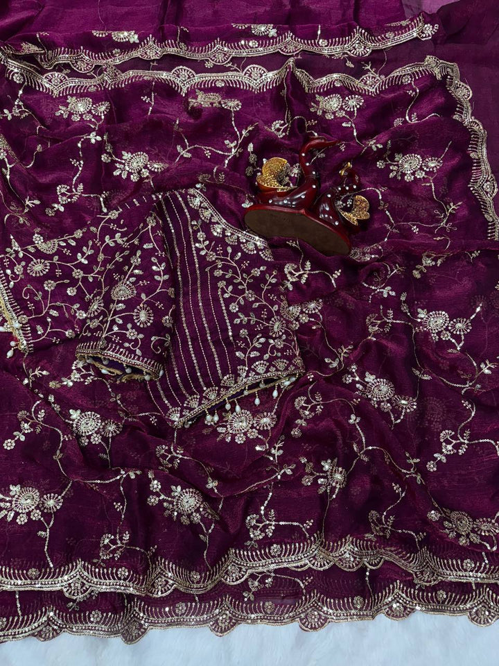 Elegant Sequins Embroidered Frendy Chiffon Saree with Mono Banglori Blouse – WINE