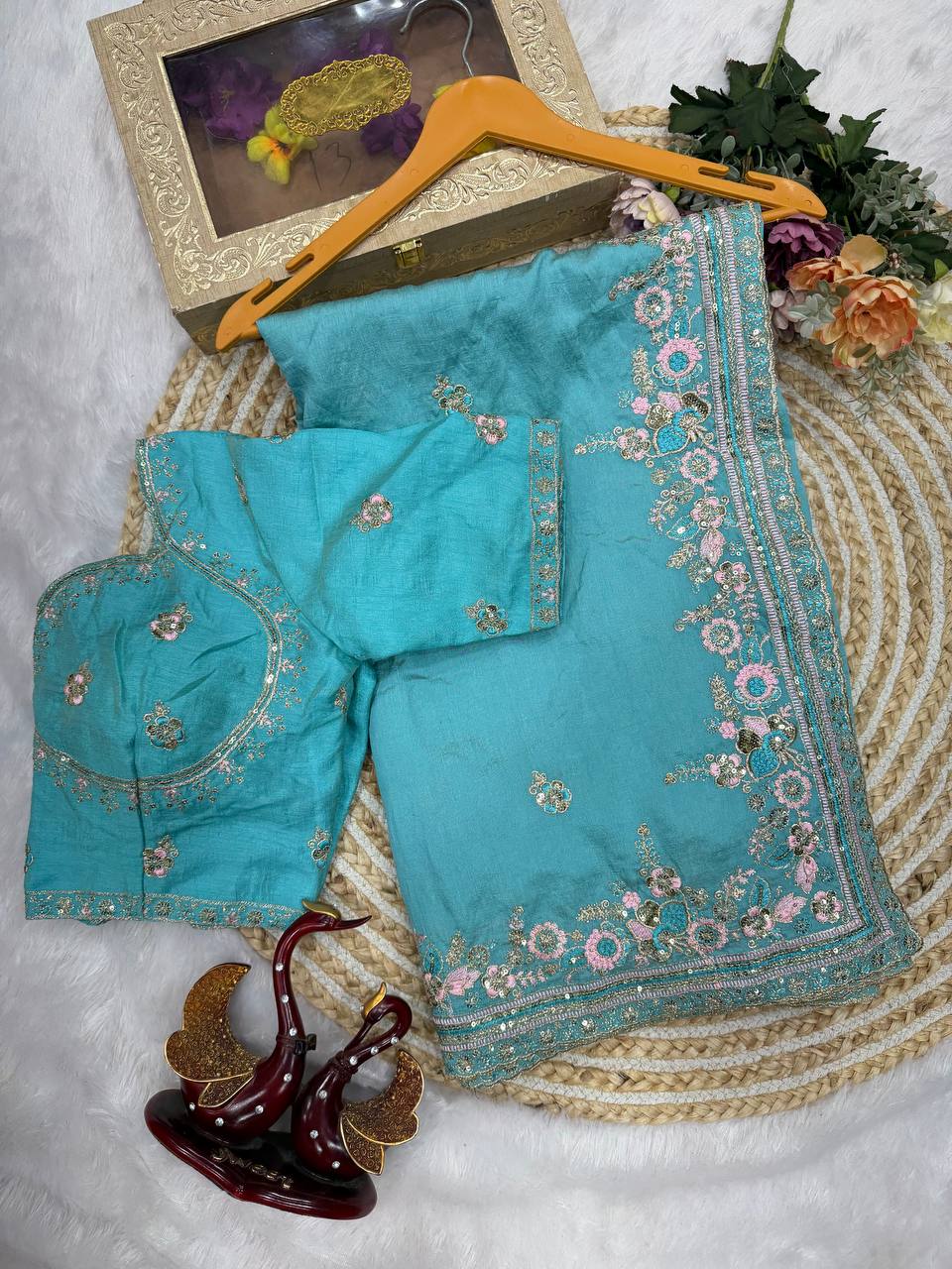 Designer Sequins Embroidered Soft Vichitra Saree with Heavy Blouse – Elegant Party Wear