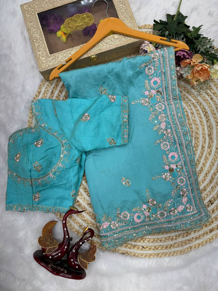 Designer Sequins Embroidered Soft Vichitra Saree with Heavy Blouse – Elegant Party Wear