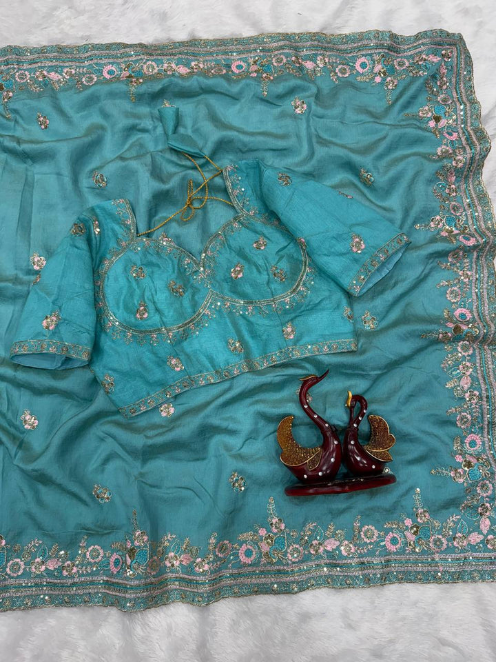 Designer Sequins Embroidered Soft Vichitra Saree with Heavy Blouse – Elegant Party Wear