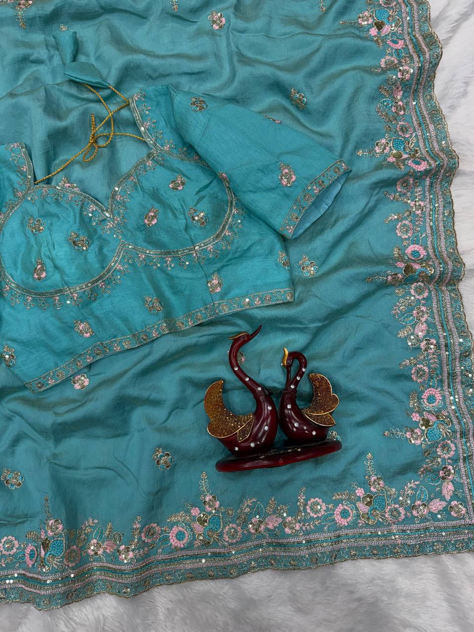Designer Sequins Embroidered Soft Vichitra Saree with Heavy Blouse – Elegant Party Wear