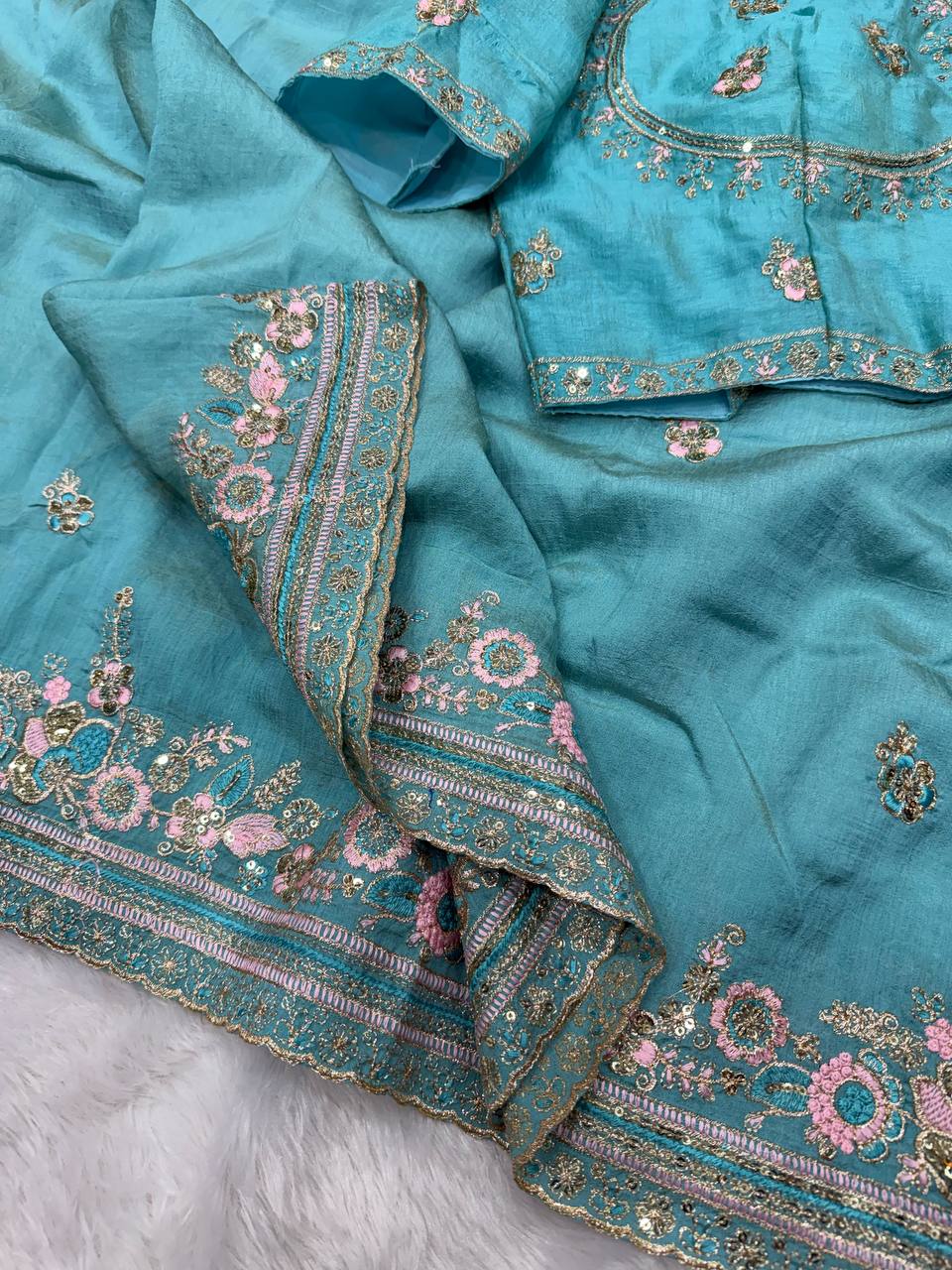 Designer Sequins Embroidered Soft Vichitra Saree with Heavy Blouse – Elegant Party Wear