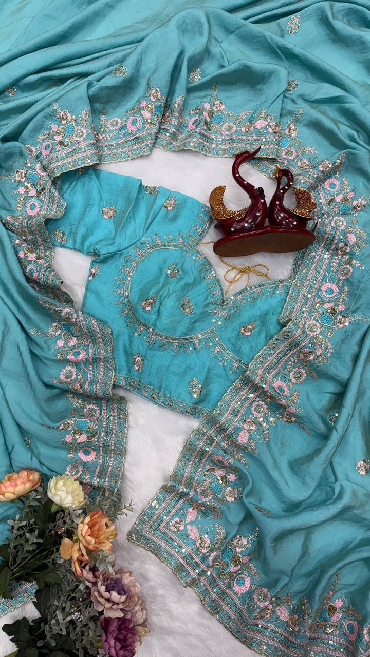 Designer Sequins Embroidered Soft Vichitra Saree with Heavy Blouse – Elegant Party Wear