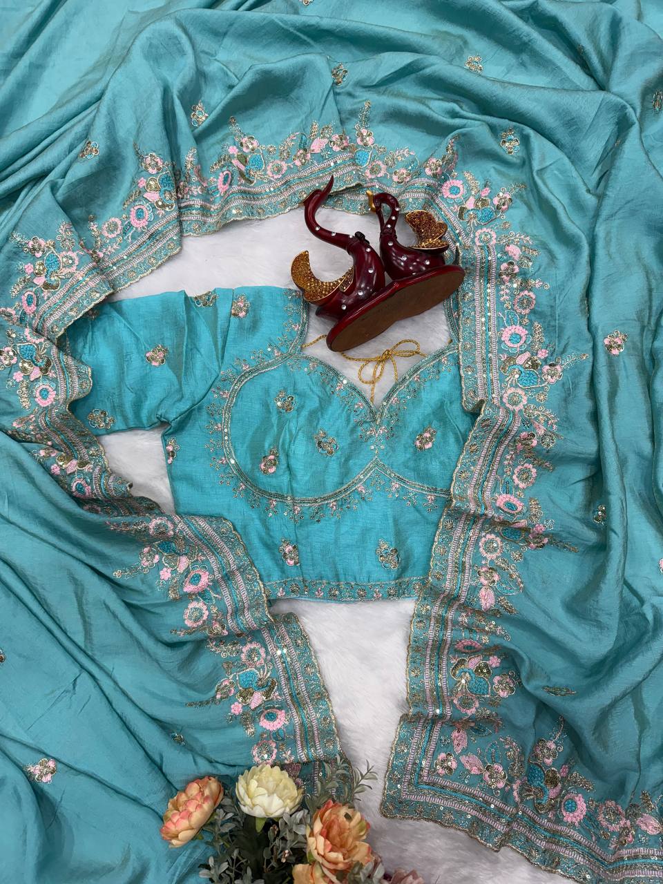 Designer Sequins Embroidered Soft Vichitra Saree with Heavy Blouse – Elegant Party Wear