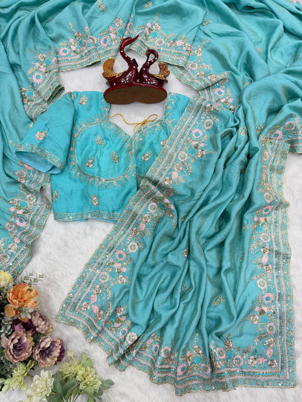 Designer Sequins Embroidered Soft Vichitra Saree with Heavy Blouse – Elegant Party Wear