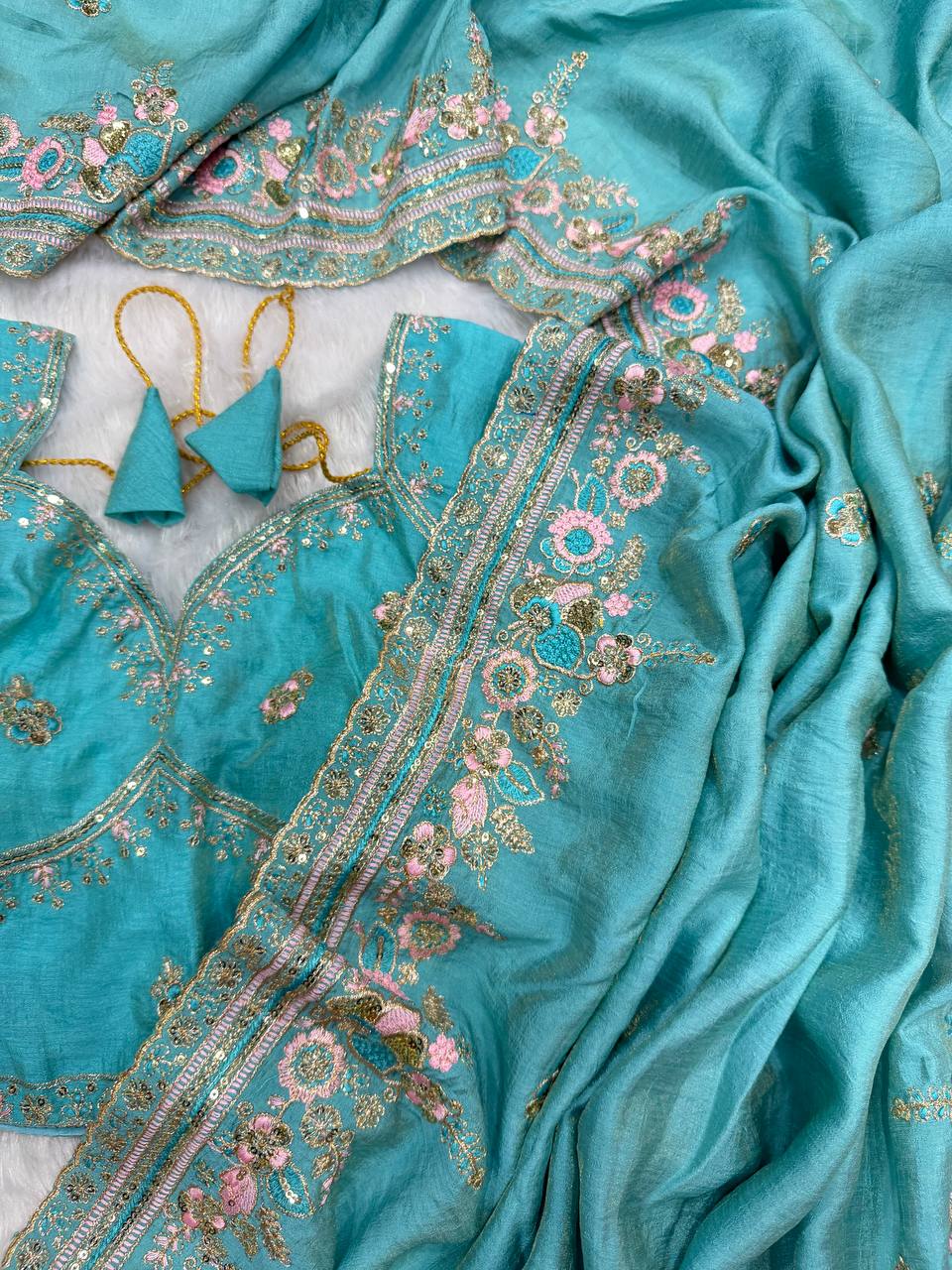 Designer Sequins Embroidered Soft Vichitra Saree with Heavy Blouse – Elegant Party Wear