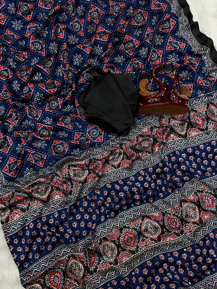 Aarohi ajrakh Satin Saree- Blue