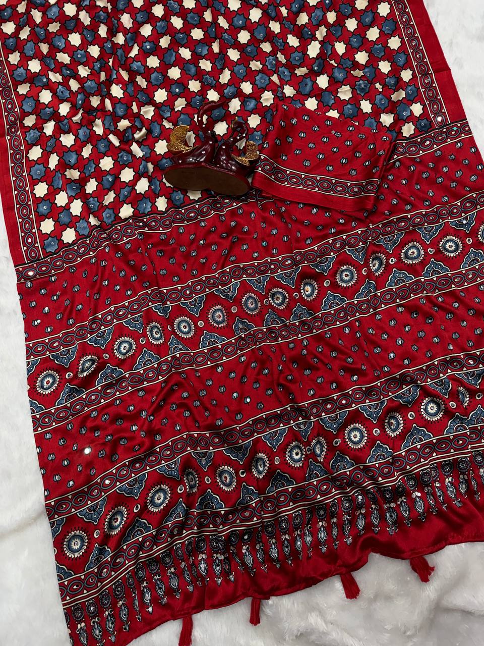 Aarohi ajrakh Satin Saree- Red