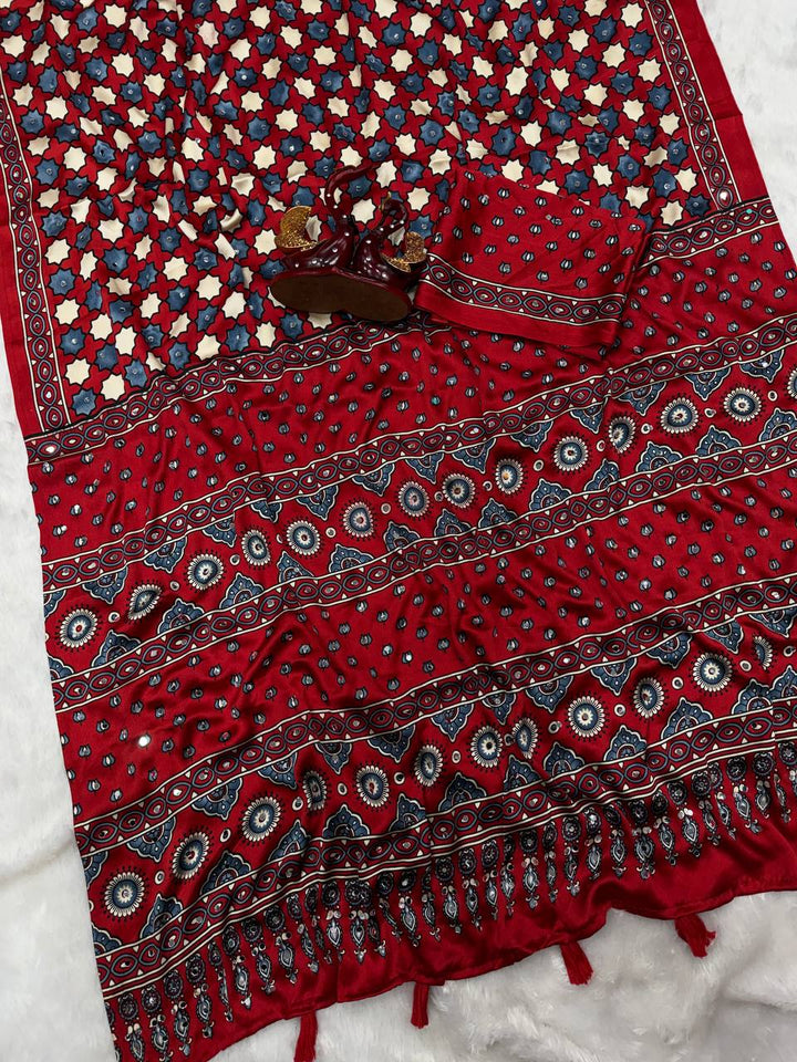 Aarohi ajrakh Satin Saree- Red