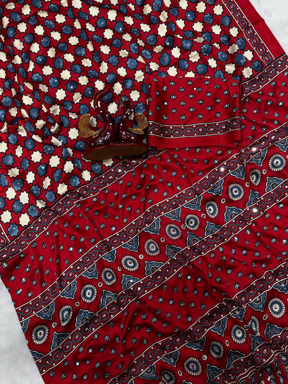 Aarohi ajrakh Satin Saree- Red