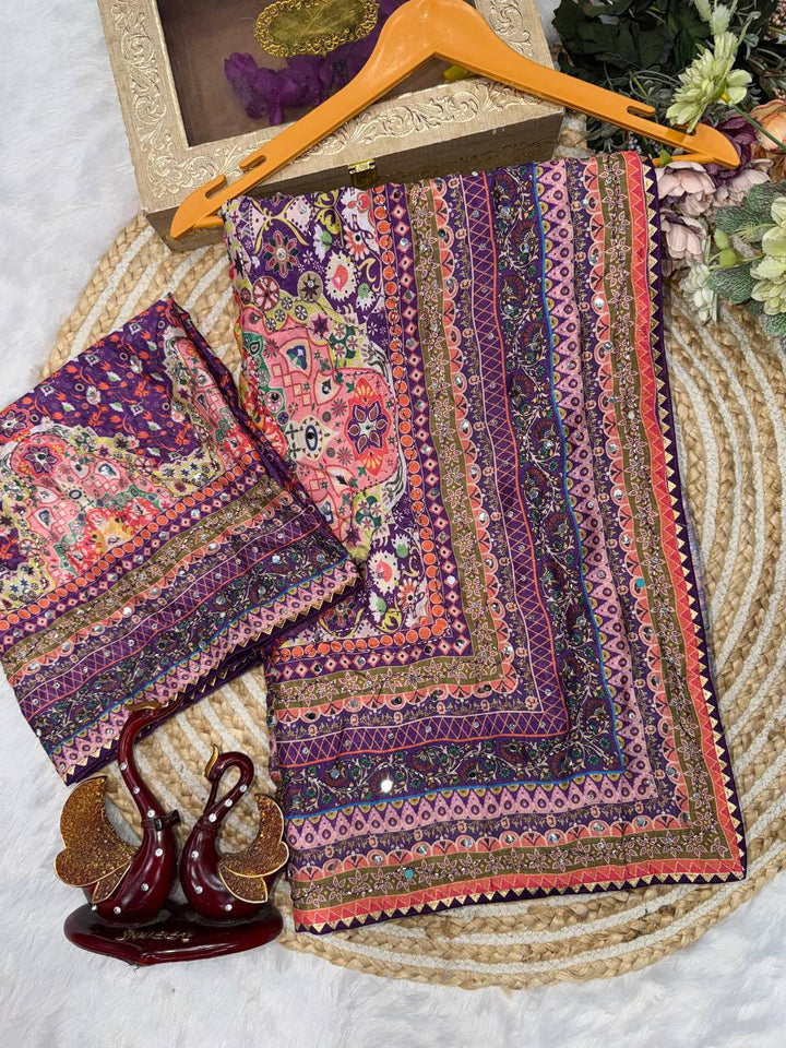 Ruhika Mirror Soft Chinnon with beautiful print saree - Purple