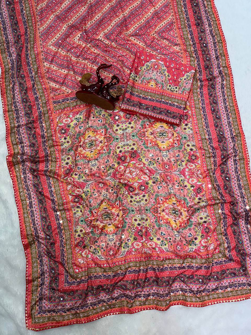 Ruhika Mirror Soft Chinnon with beautiful print saree - Pink