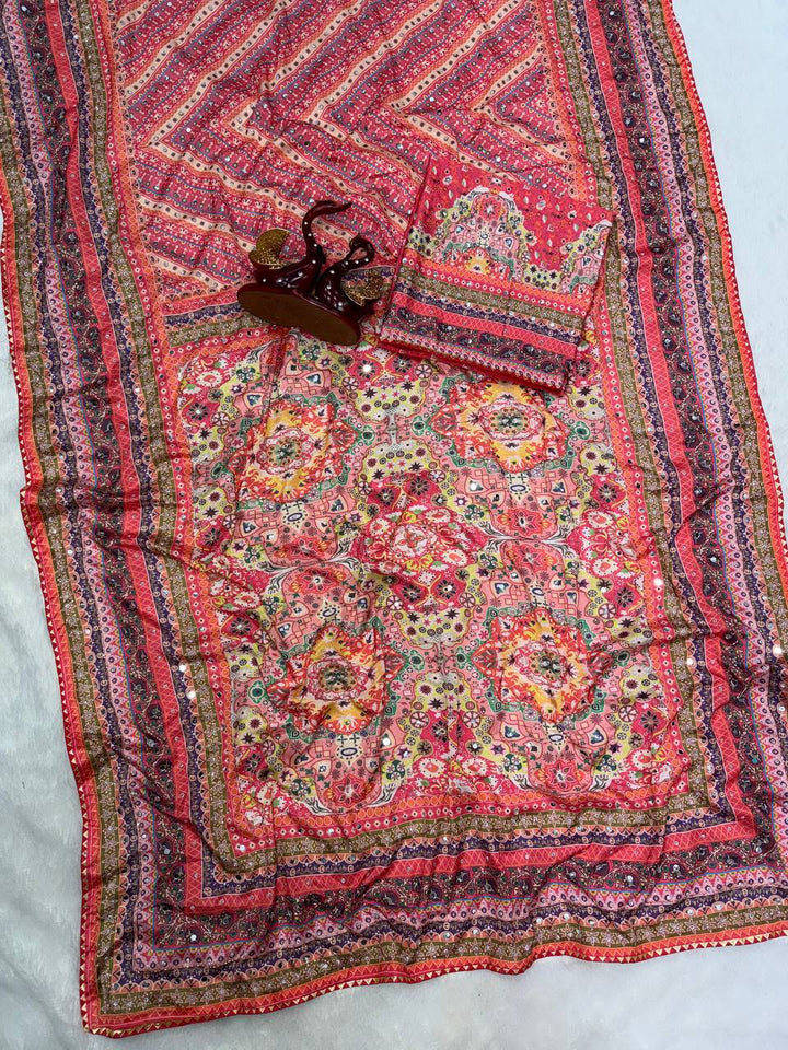 Ruhika Mirror Soft Chinnon with beautiful print saree - Pink