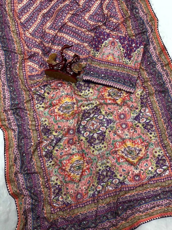 Ruhika Mirror Soft Chinnon with beautiful print saree - Purple
