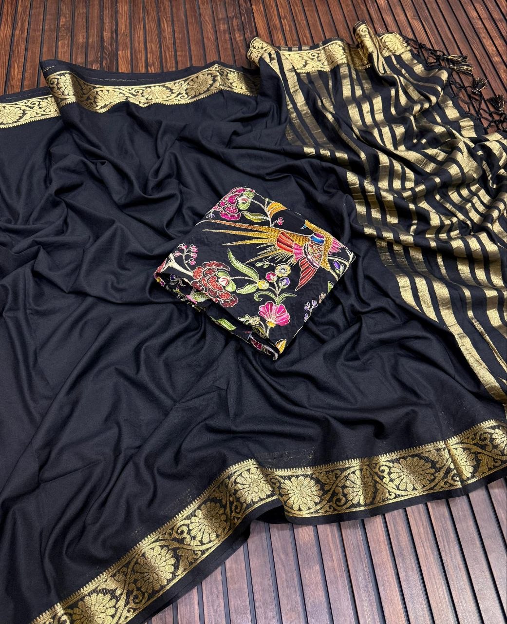 Elegant Soft Silk Saree with Rich Golden Border - BLACK