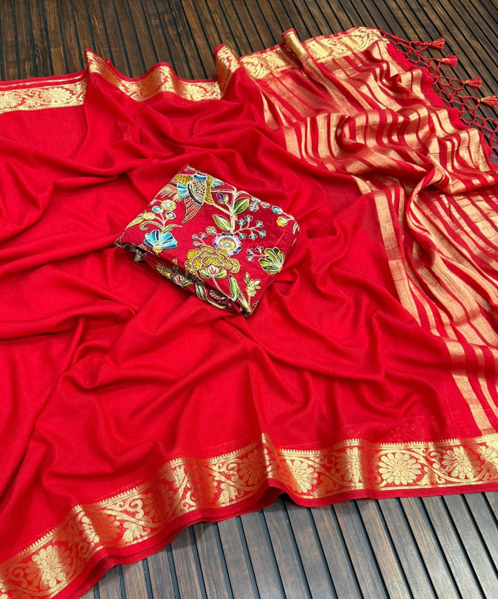 Elegant Soft Silk Saree with Rich Golden Border - RED