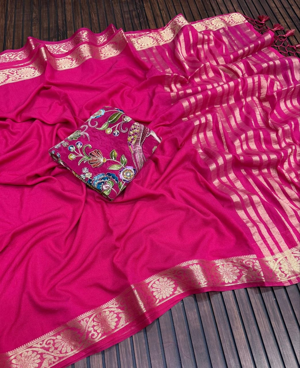Elegant Soft Silk Saree with Rich Golden Border - PINK
