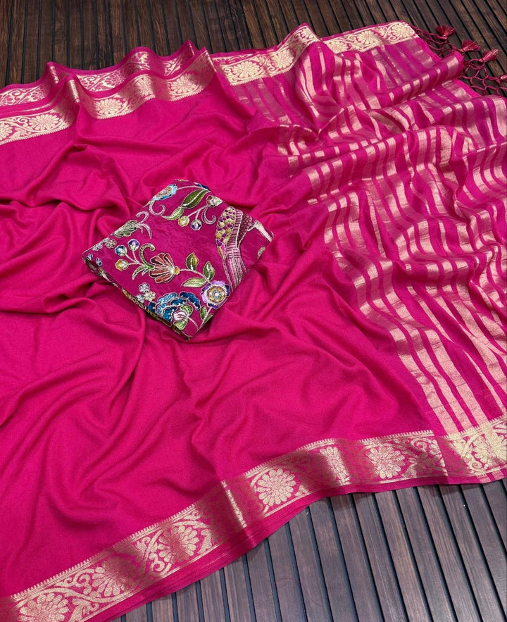 Elegant Soft Silk Saree with Rich Golden Border - PINK