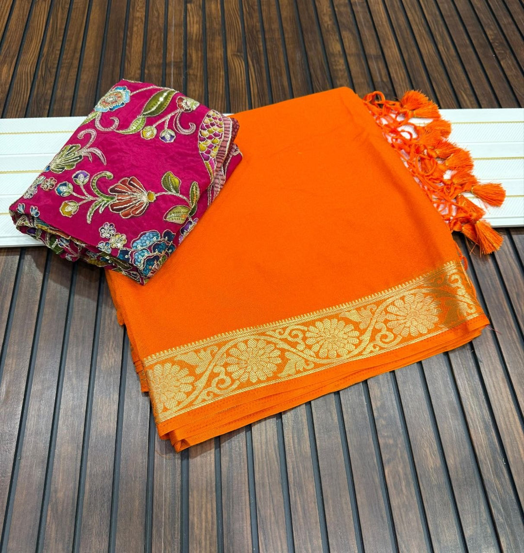 Elegant Soft Silk Saree with Rich Golden Border - ORANGE