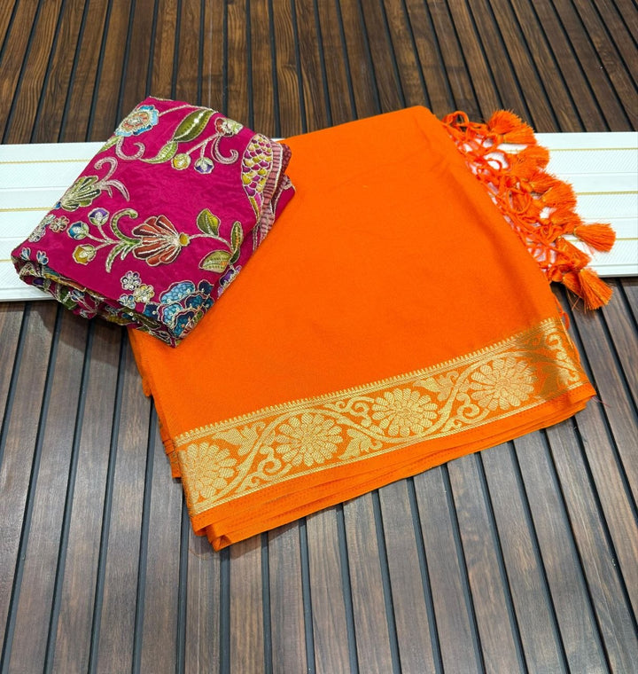 Elegant Soft Silk Saree with Rich Golden Border - ORANGE