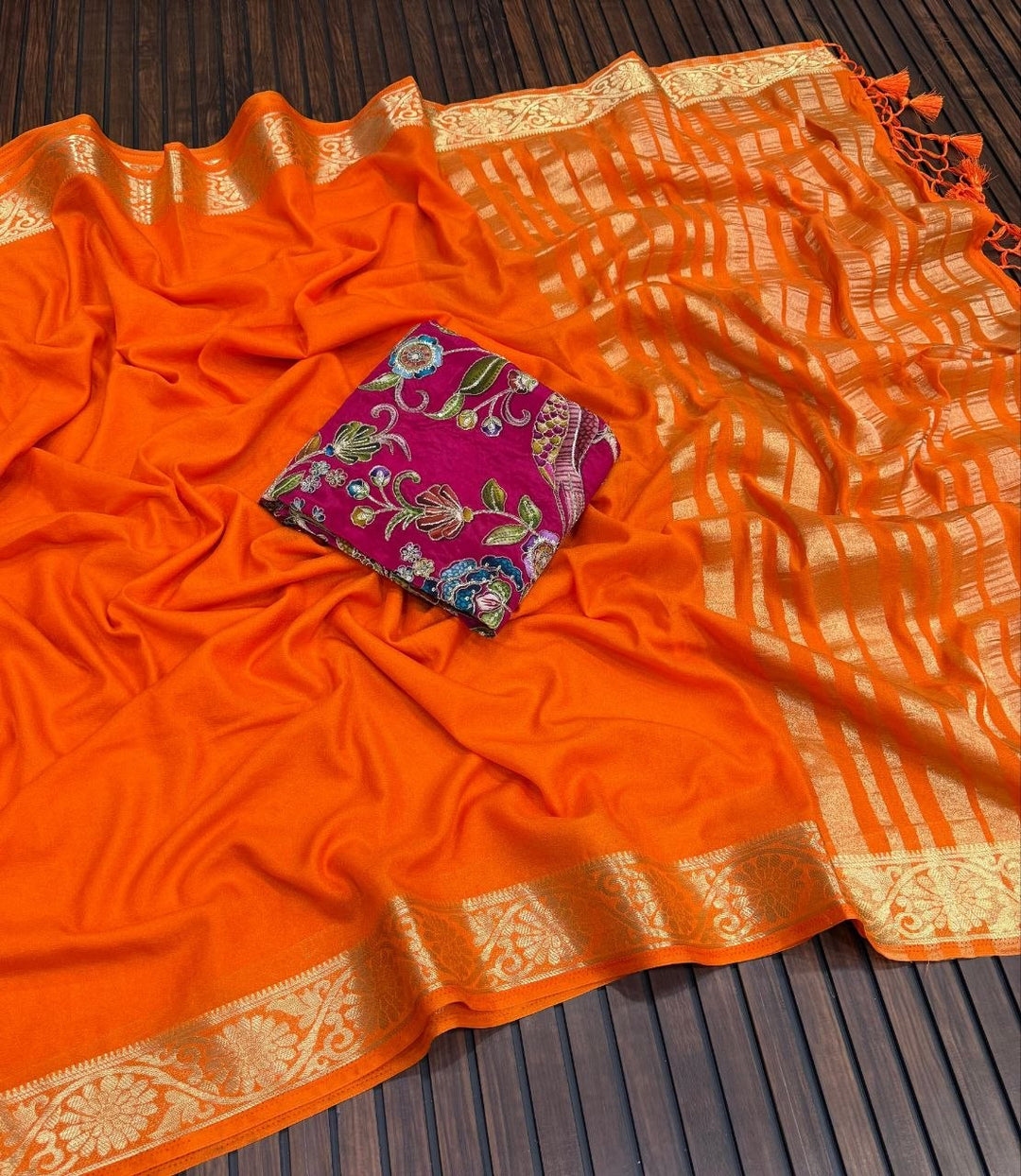 Elegant Soft Silk Saree with Rich Golden Border - ORANGE
