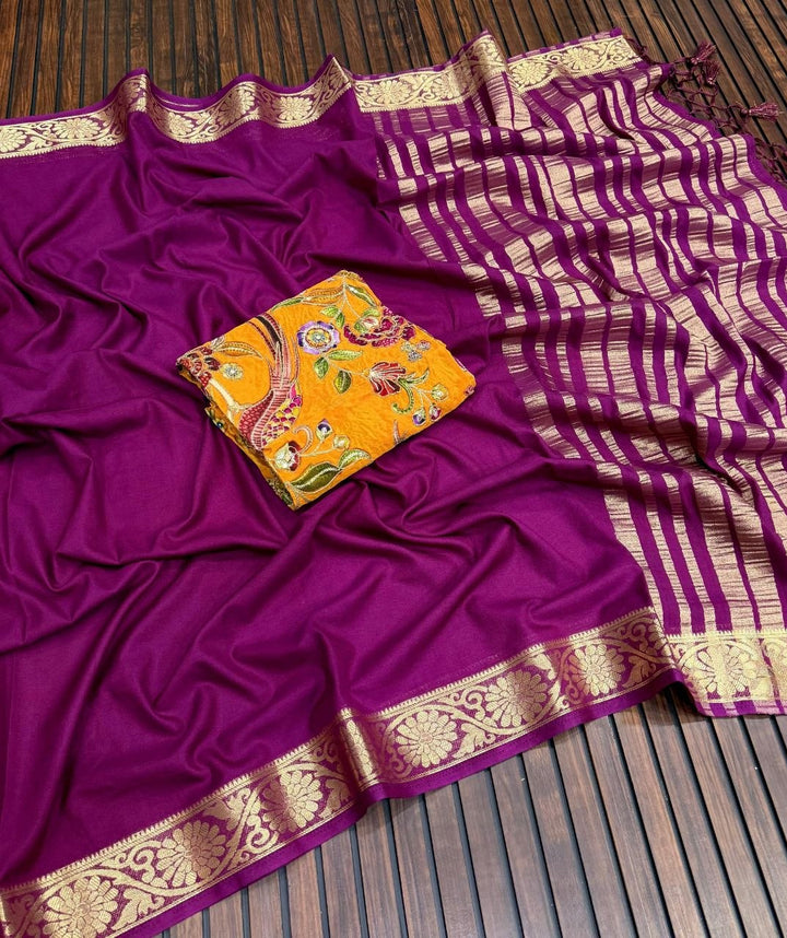 Elegant Soft Silk Saree with Rich Golden Border - WINE