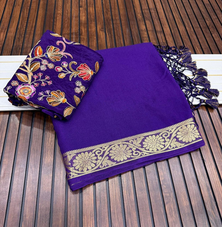 Elegant Soft Silk Saree with Rich Golden Border - PURPLE