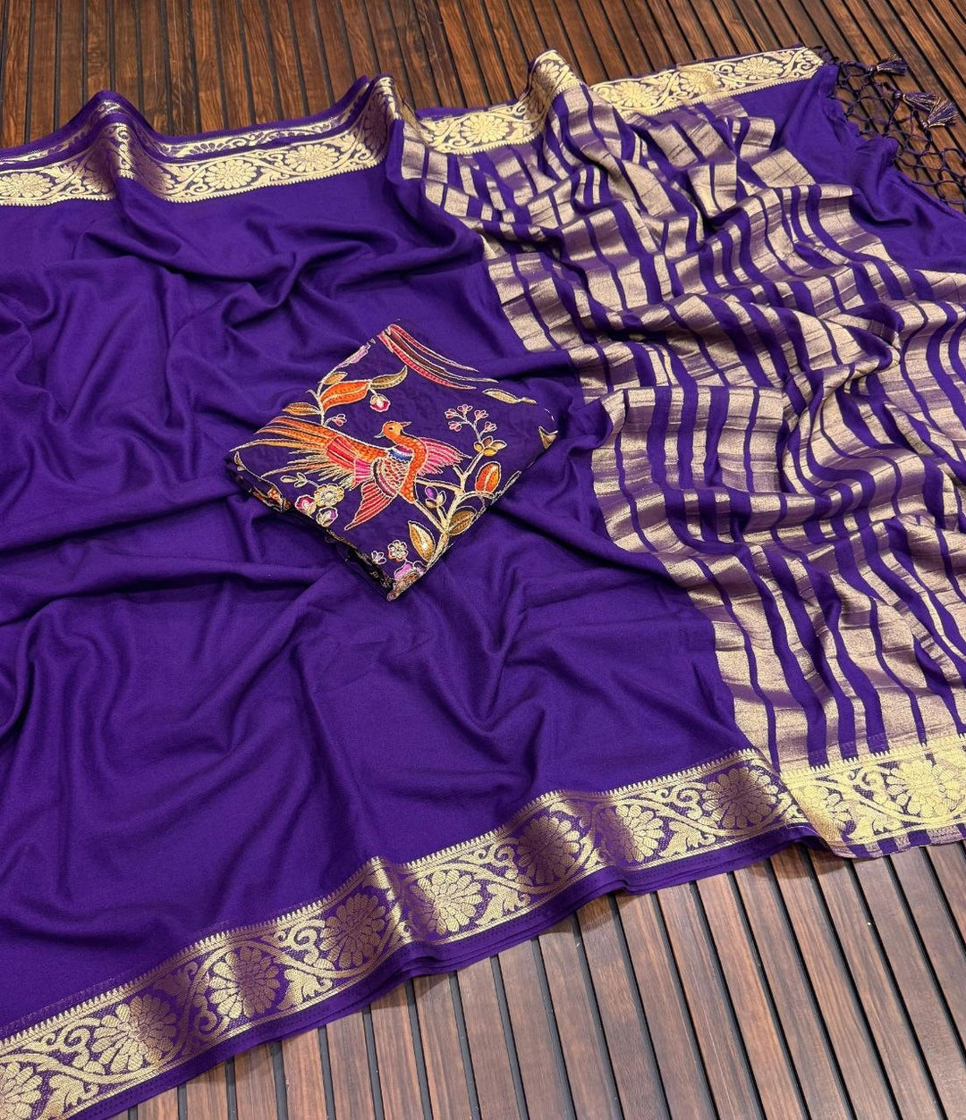 Elegant Soft Silk Saree with Rich Golden Border - PURPLE