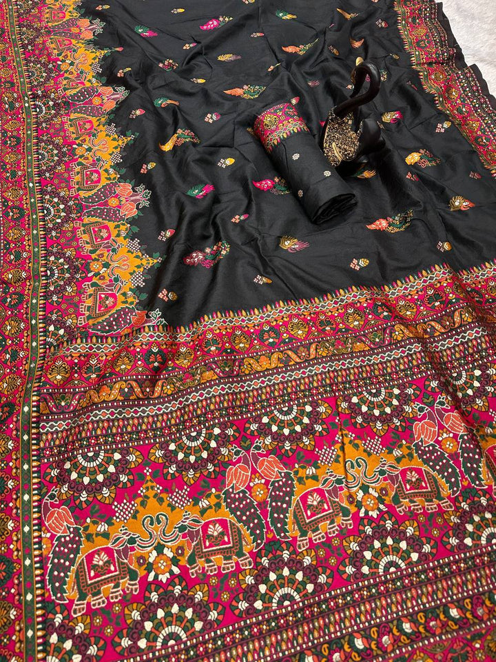 Glamorous  Pashmina Saree With Pulsating Blouse Piece - BLACK