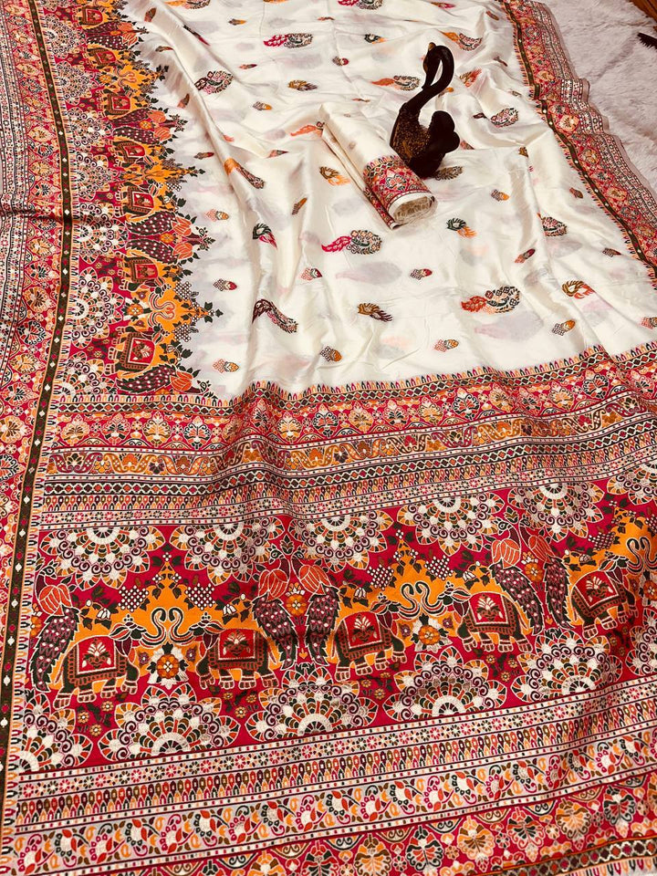 Glamorous  Pashmina Saree With Pulsating Blouse Piece- WHITE