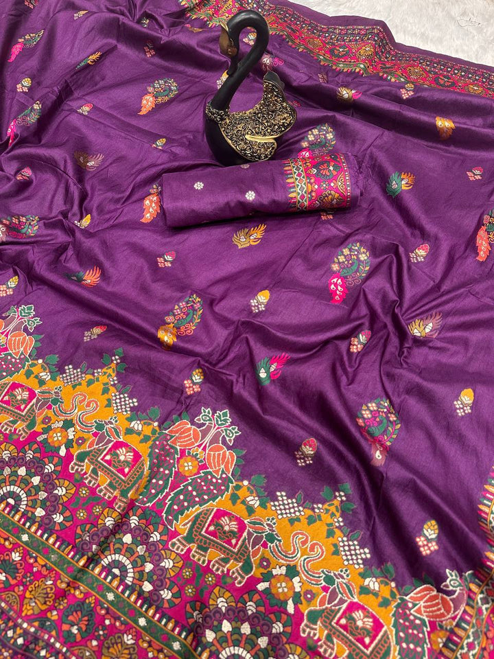 Glamorous  Pashmina Saree With Pulsating Blouse Piece-PURPLE