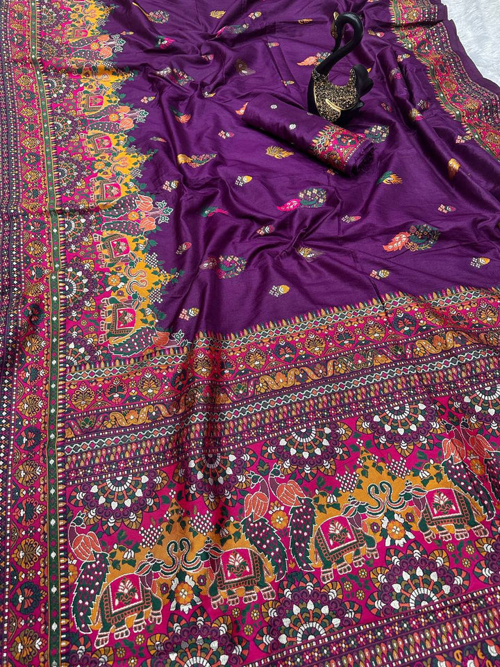 Glamorous  Pashmina Saree With Pulsating Blouse Piece-PURPLE